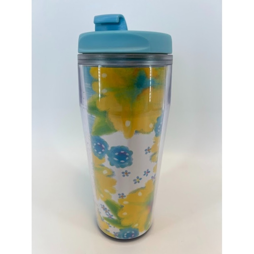 STARBUCKS COFFEE 2004 2005 TRAVEL TUMBLER 16 OZ Blue YELLOW FLORAL Flower Spring